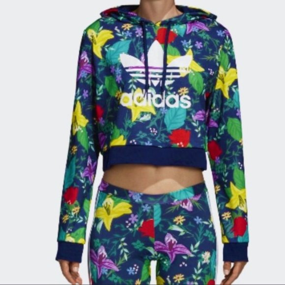 Adidas Sweatshirt Hood Floral Crop Trefoil Navy Ribbed Knit Cuffs Waistband XS - Picture 3 of 9
